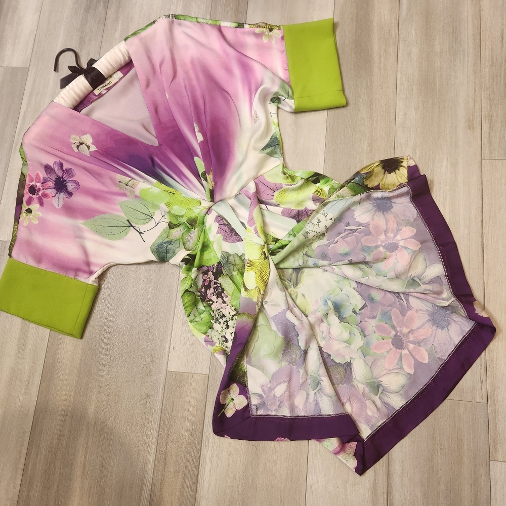 Kimono dress women's 6 floral green purple pink wrap tunic mini Made in Italy - Picture 7 of 13